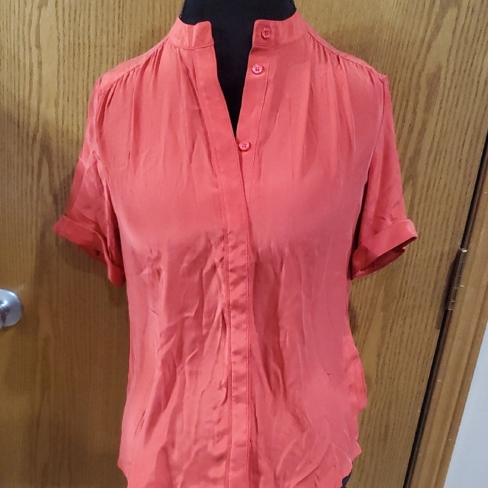 Frame Denim Red Button Down Silk Mock Collar Blouse